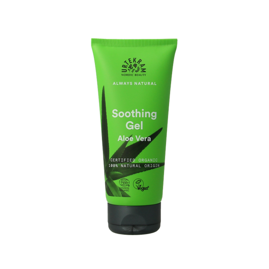 Urtekram aloe vera body gel in a 100ml tube, natural skincare product for soothing and hydrating skin.