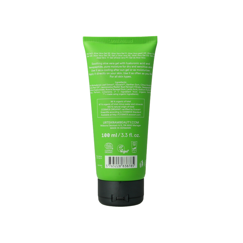 Urtekram aloe vera body gel in 100ml container, natural skincare product for soothing and hydrating skin.