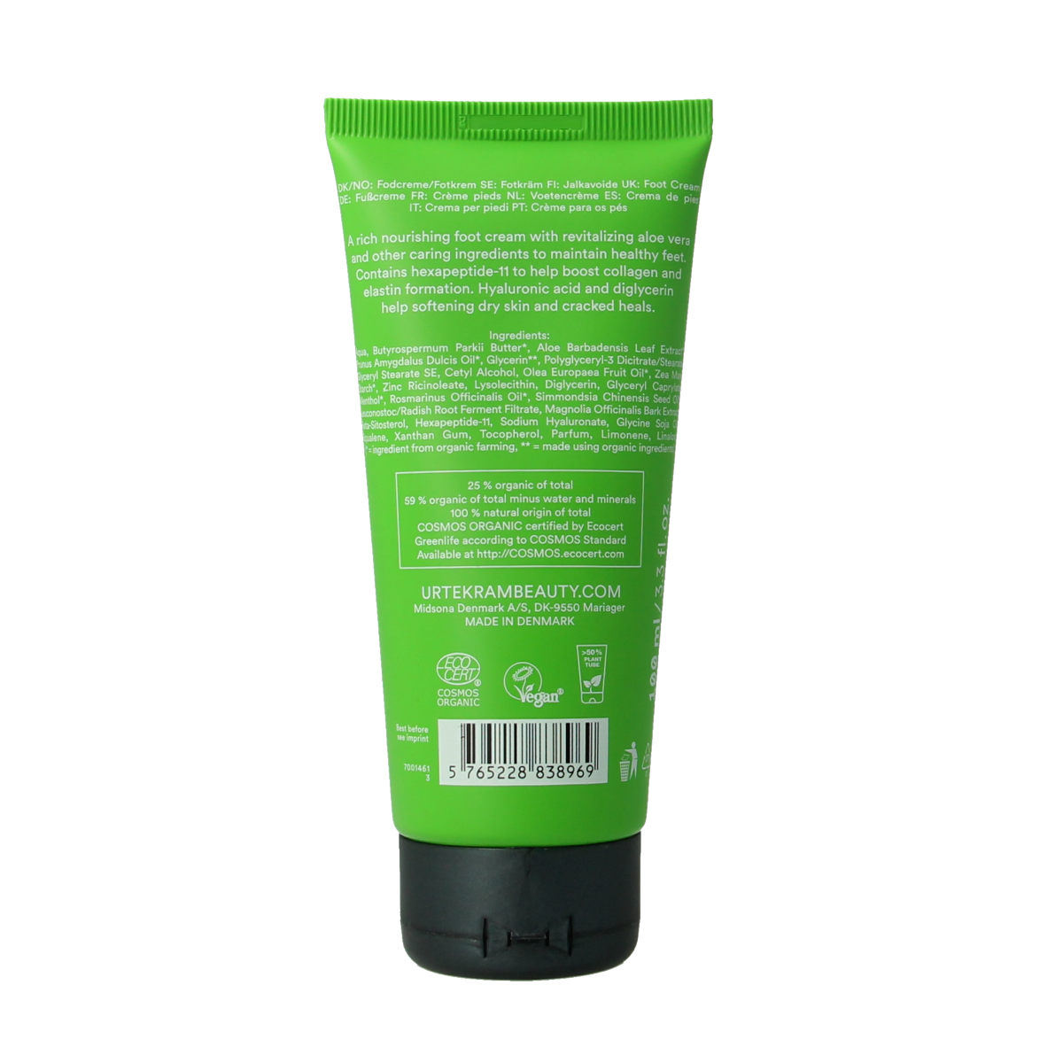 Urtekram aloe vera foot cream in a 100ml tube, designed for foot care and moisturizing with natural aloe vera.