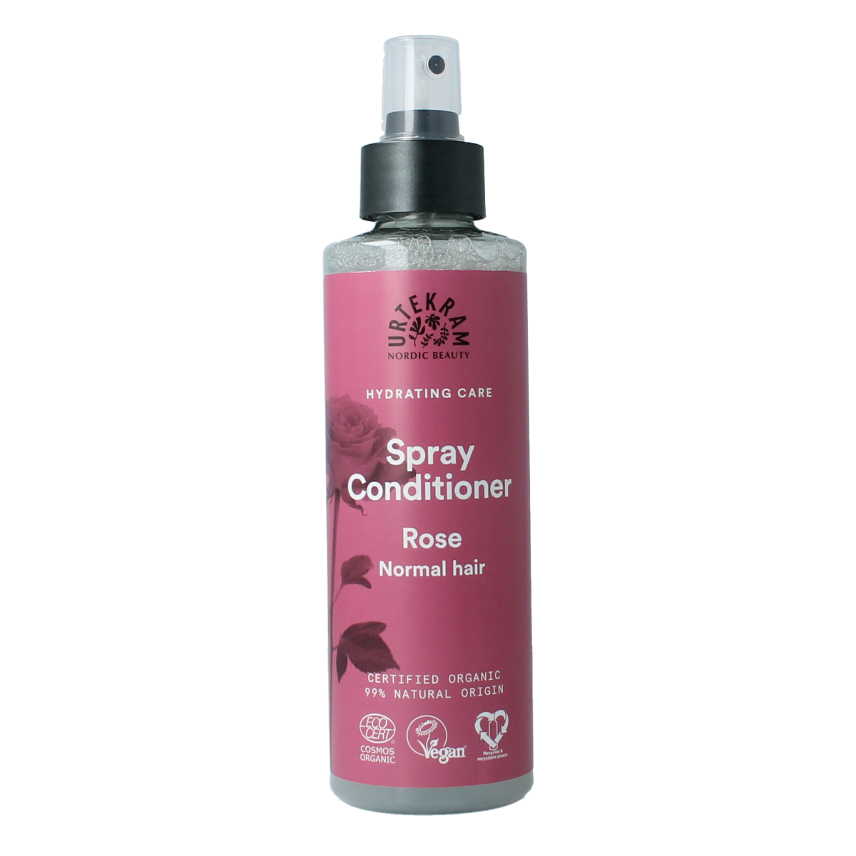 Urtekram Rozen spray conditioner for hair, 250ml, featuring a spray bottle with a rose scent, suitable for nourishing hair care.