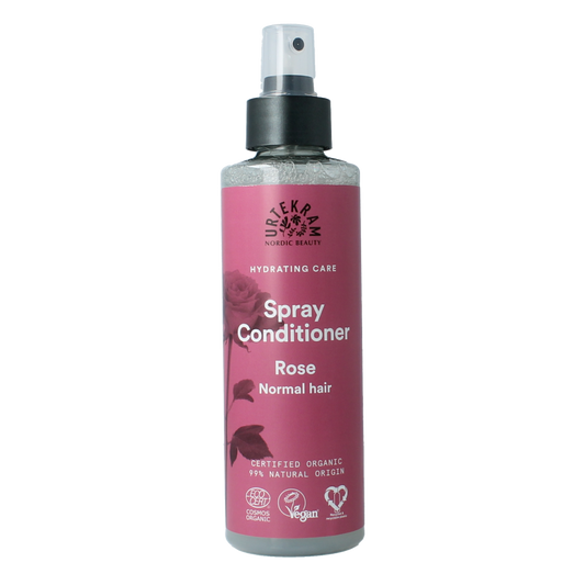 Urtekram Rozen spray conditioner for hair, 250ml, featuring a spray bottle with a rose scent, suitable for nourishing hair care.