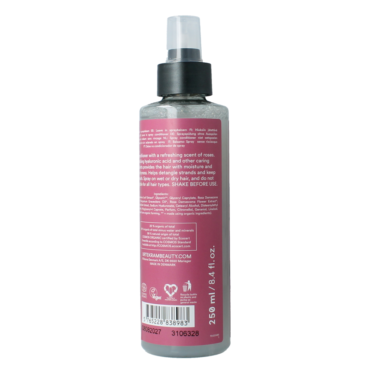 Urtekram Rozen spray conditioner for hair, 250ml, with floral rose scent, in a clear spray bottle with a white cap.
