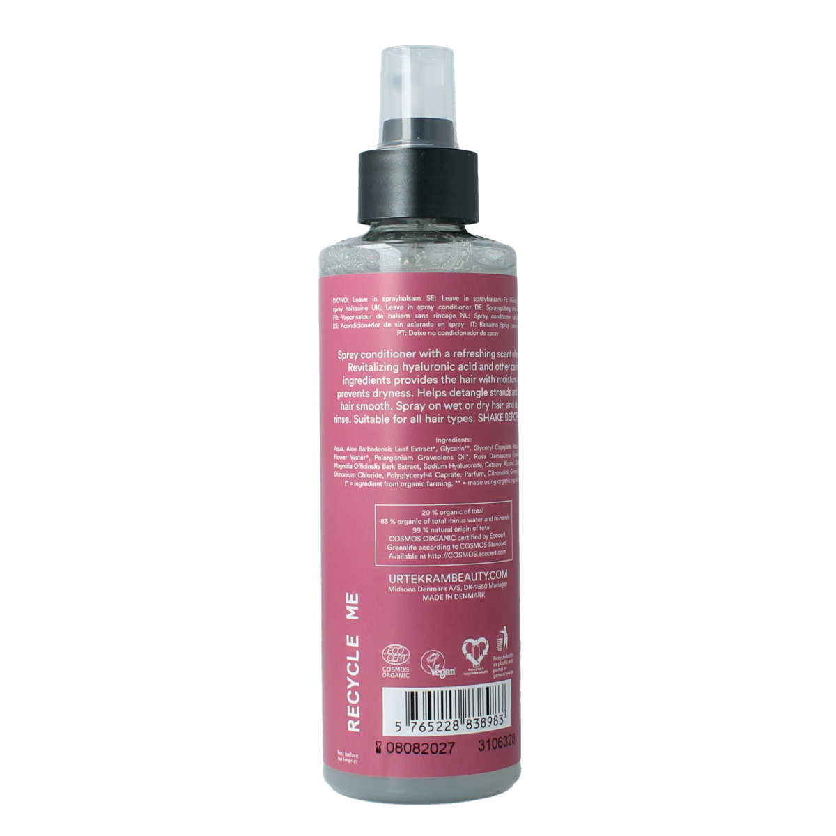 Urtekram Rozen spray conditioner for hair, 250ml bottle, with floral rose scent and nourishing hair care properties.