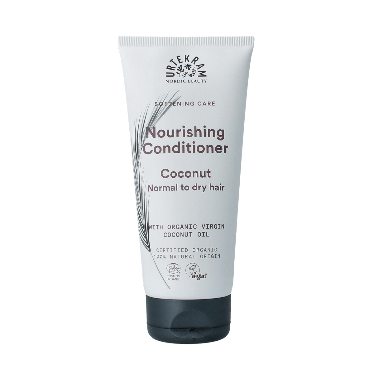 Urtekram kokosnoot haarverzorging conditioner in 180ml bottle, featuring coconut scent and natural hair care ingredients.