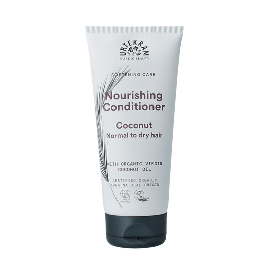 Urtekram kokosnoot haarverzorging conditioner in 180ml bottle, featuring coconut scent and natural hair care ingredients.