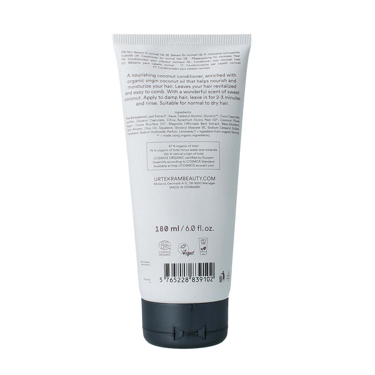 Urtekram kokosnoot haarverzorging conditioner in 180ml bottle, with coconut scent and natural hair care ingredients.