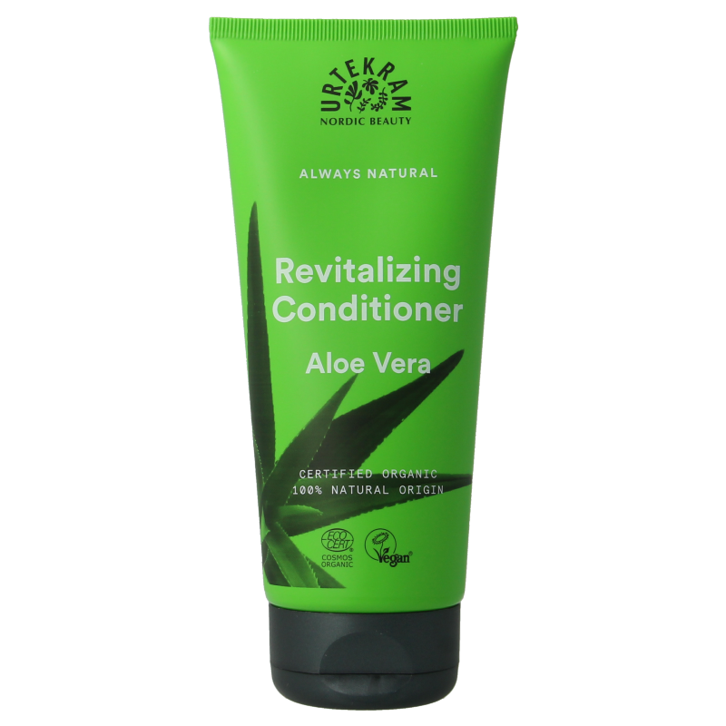 Urtekram aloe vera conditioner for hair care, 180ml bottle with green label and natural ingredients on the packaging.