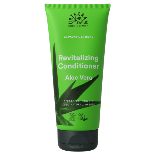 Urtekram aloe vera conditioner for hair care, 180ml bottle with green label and natural ingredients on the packaging.