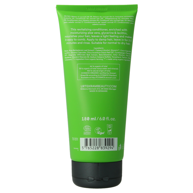 Urtekram aloe vera conditioner for hair care, 180ml bottle with natural ingredients visible in the image.