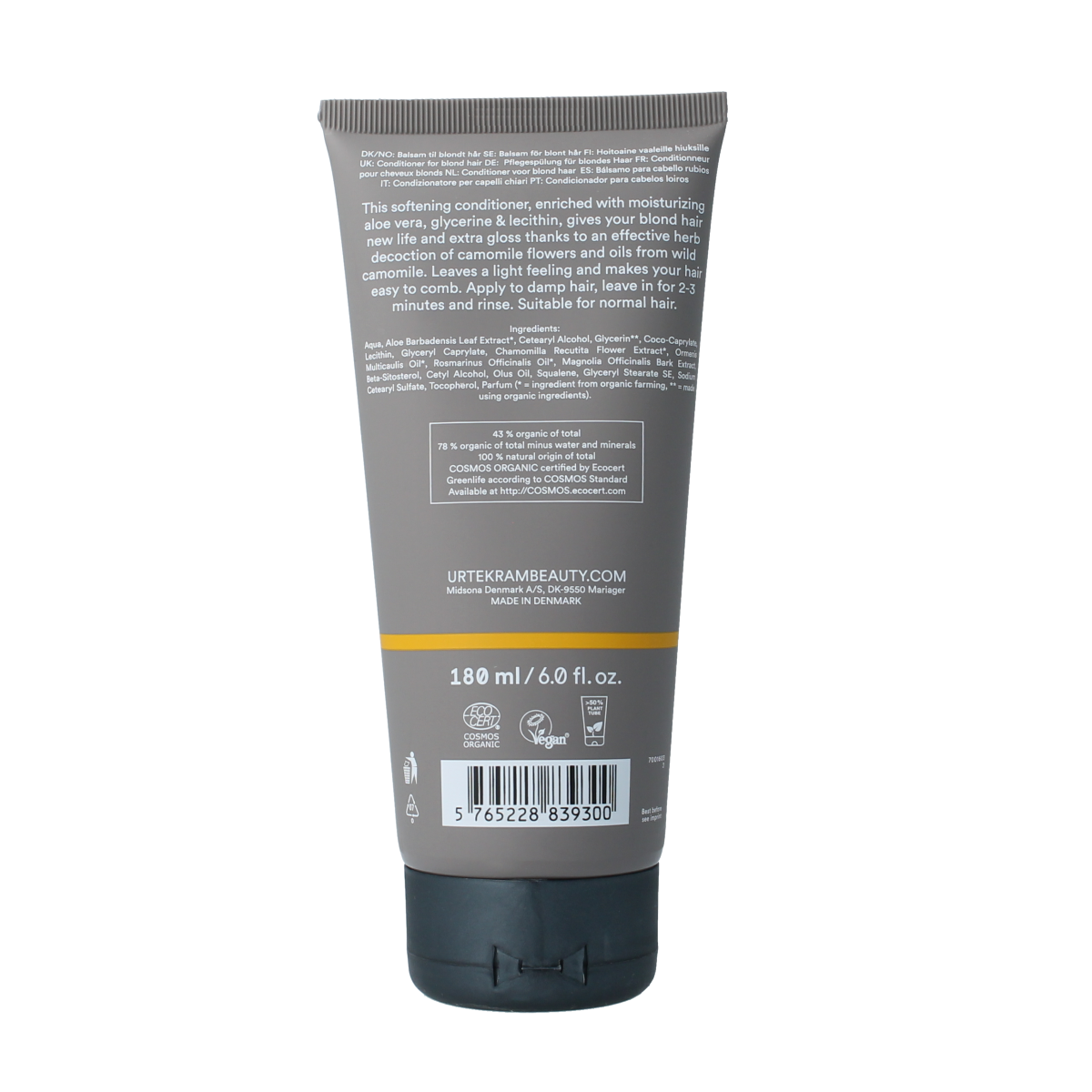 Urtekram Kamille Conditioner bottle for hair care, 180ml, with a natural yellow label and flip-top cap.