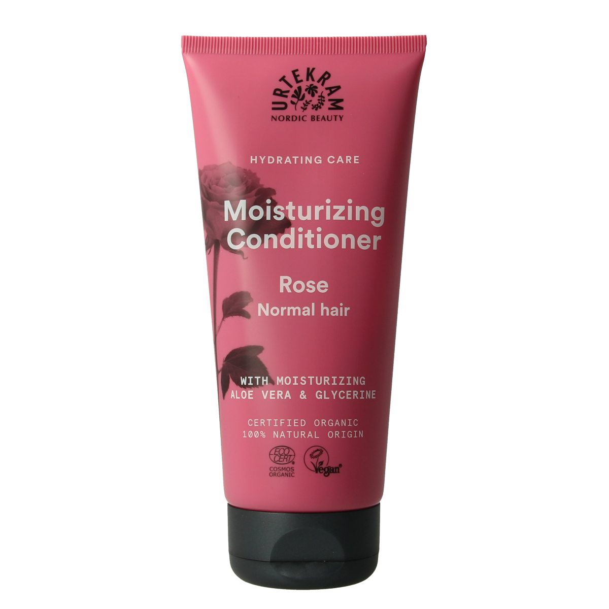 Urtekram Rose Conditioner bottle showing floral design and product label for hair care 180ml.