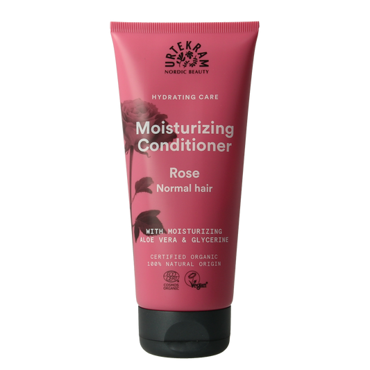 Urtekram Rose Conditioner bottle showing floral design and product label for hair care 180ml.