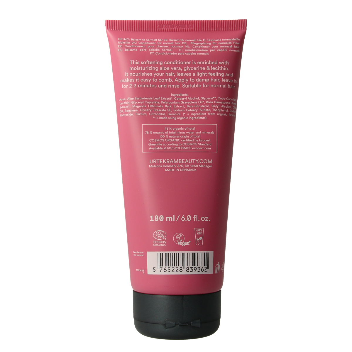Urtekram rozen haarverzorging conditioner in 180ml bottle, visible with floral packaging and product label.