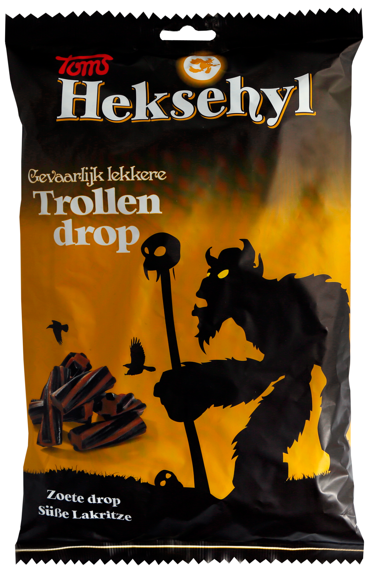 Heksehyl Trollendrop snoepgoed in 1 kg bag, colorful, chewy candy with troll-themed shapes and bright packaging.