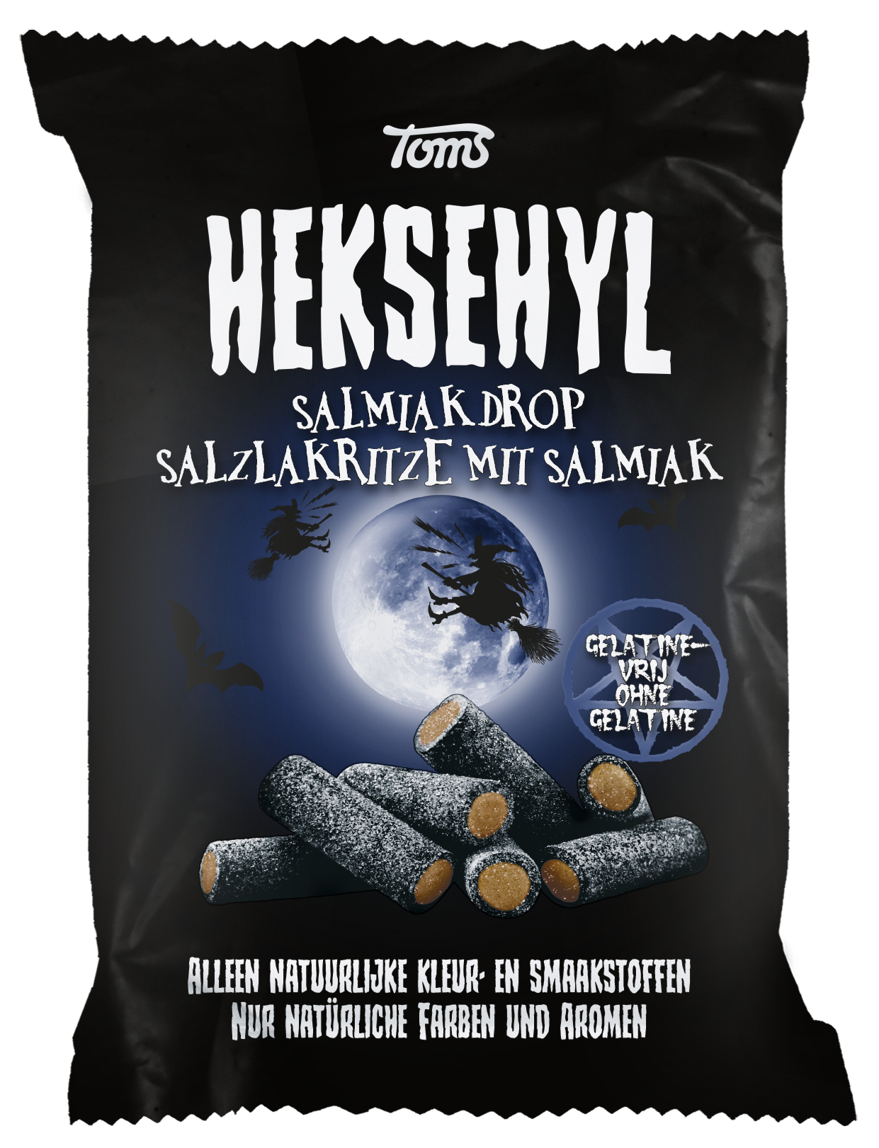 Heksehyl Salmiakdrop candy bag with salty licorice drops in 300g package, featuring colorful salted licorice candies.