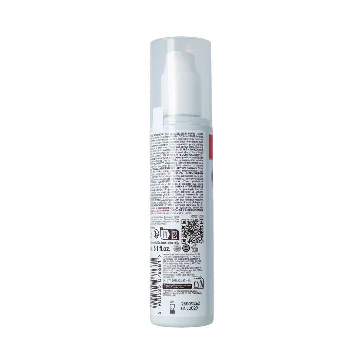 Hada Labo Tokyo HADA LABO TOKYO Lotion No.1 super hydrating facial skincare bottle with clear liquid inside.