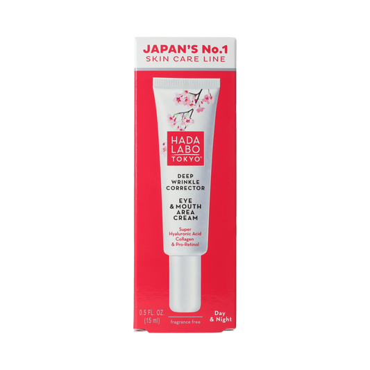 Hada Labo Tokyo Eye & Mouth Area Cream in 15ml jar, facial skincare product for delicate skin around eyes and mouth.