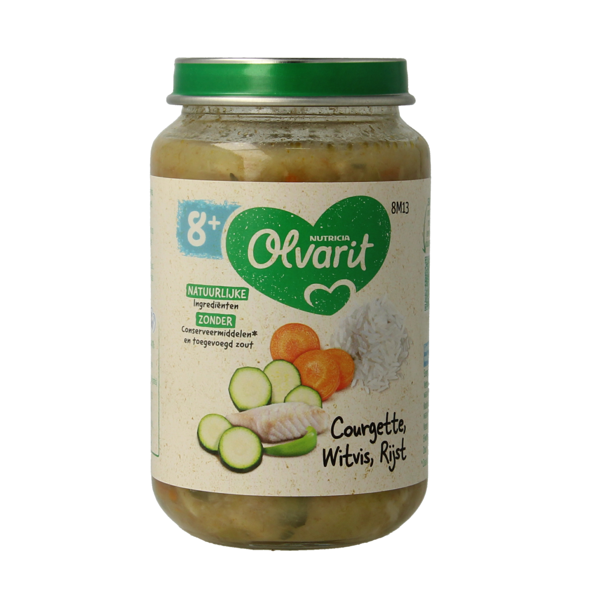 Olvarit baby food jar with courgette, witvis, and rice, 200g, suitable for babies and toddlers, showing the product label.