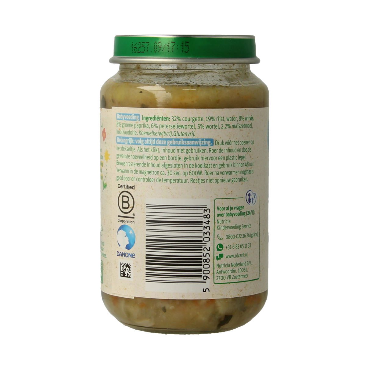 Olvarit baby food with zucchini, white fish, and rice in 200g package, suitable for babies and toddlers.