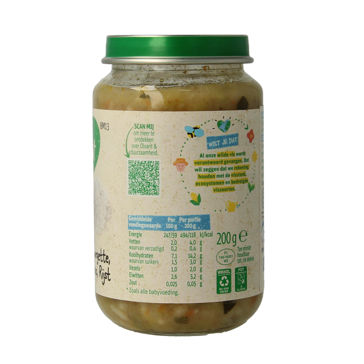 Olvarit baby food jar with courgette, witvis, and rice, 200g, suitable for babies and toddlers, fresh and nutritious.
