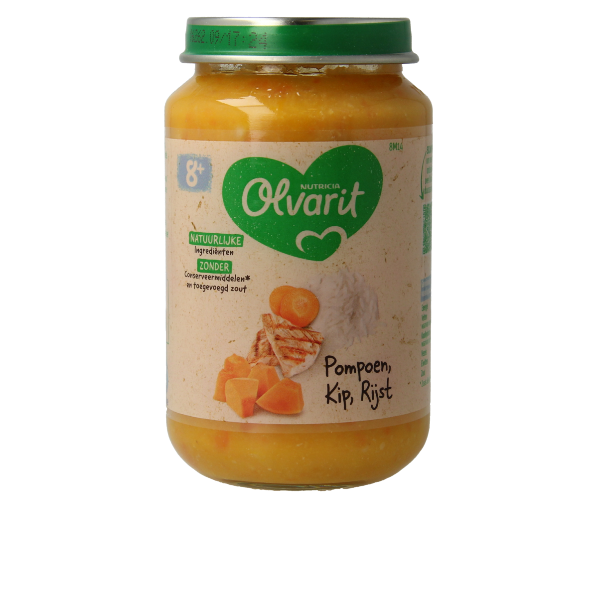 Olvarit baby food jar with pumpkin, chicken, and rice for infants, 200g, showing the product label and ingredients.