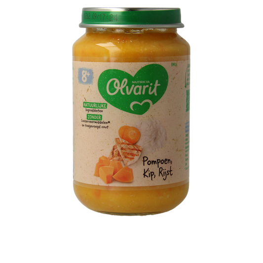 Olvarit baby food jar with pumpkin, chicken, and rice for infants, 200g, showing the product label and ingredients.