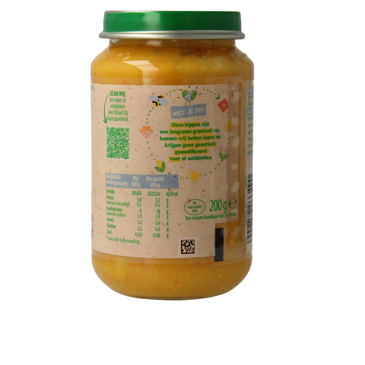 Olvarit baby food jar with pumpkin, chicken, and rice for infants, 200g, suitable for 8 months and older.