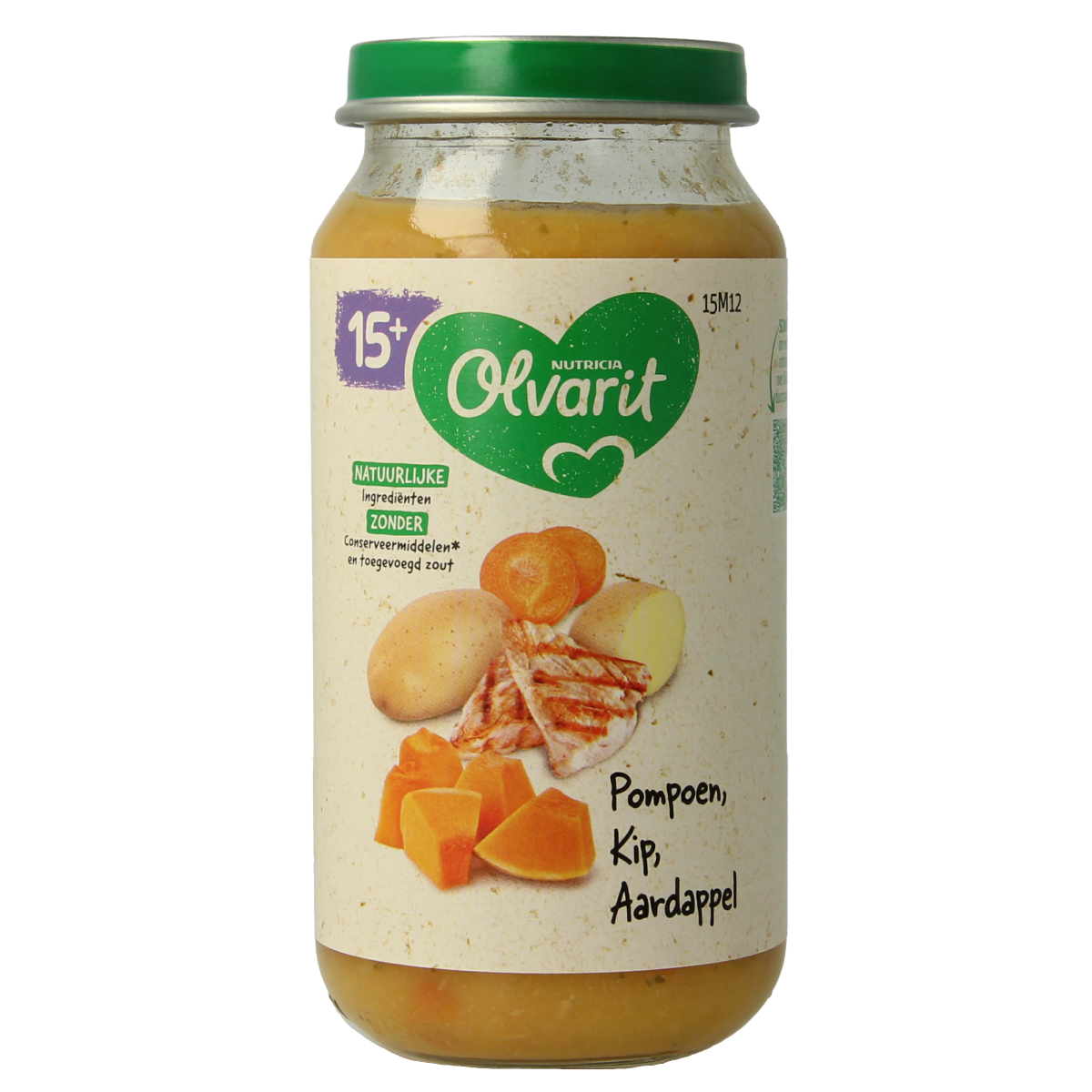 Olvarit baby food jar with pumpkin, chicken, and potato puree, 250 grams, suitable for babies 15 months and older.