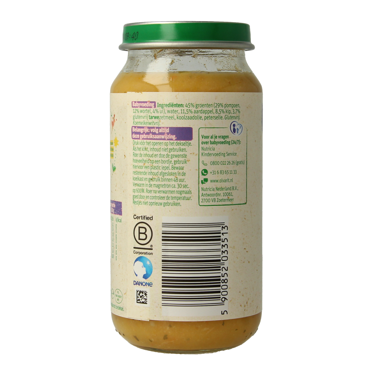 Olvarit baby food jar with pumpkin, chicken, and potato puree, 250g, suitable for babies from 15 months.