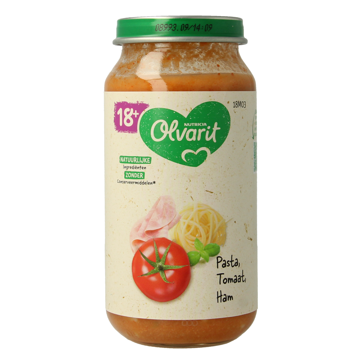 Olvarit baby pasta with tomato and ham in 250g packaging, suitable for babies and toddlers.