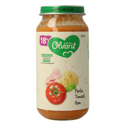 Olvarit baby pasta with tomato and ham in 250g packaging, suitable for babies and toddlers.