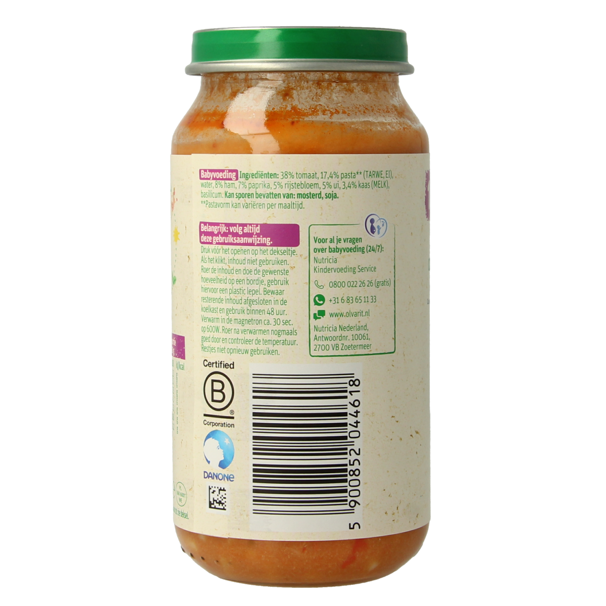 Olvarit Baby Pasta with tomato and ham in 250g package, suitable for children 18 months and older