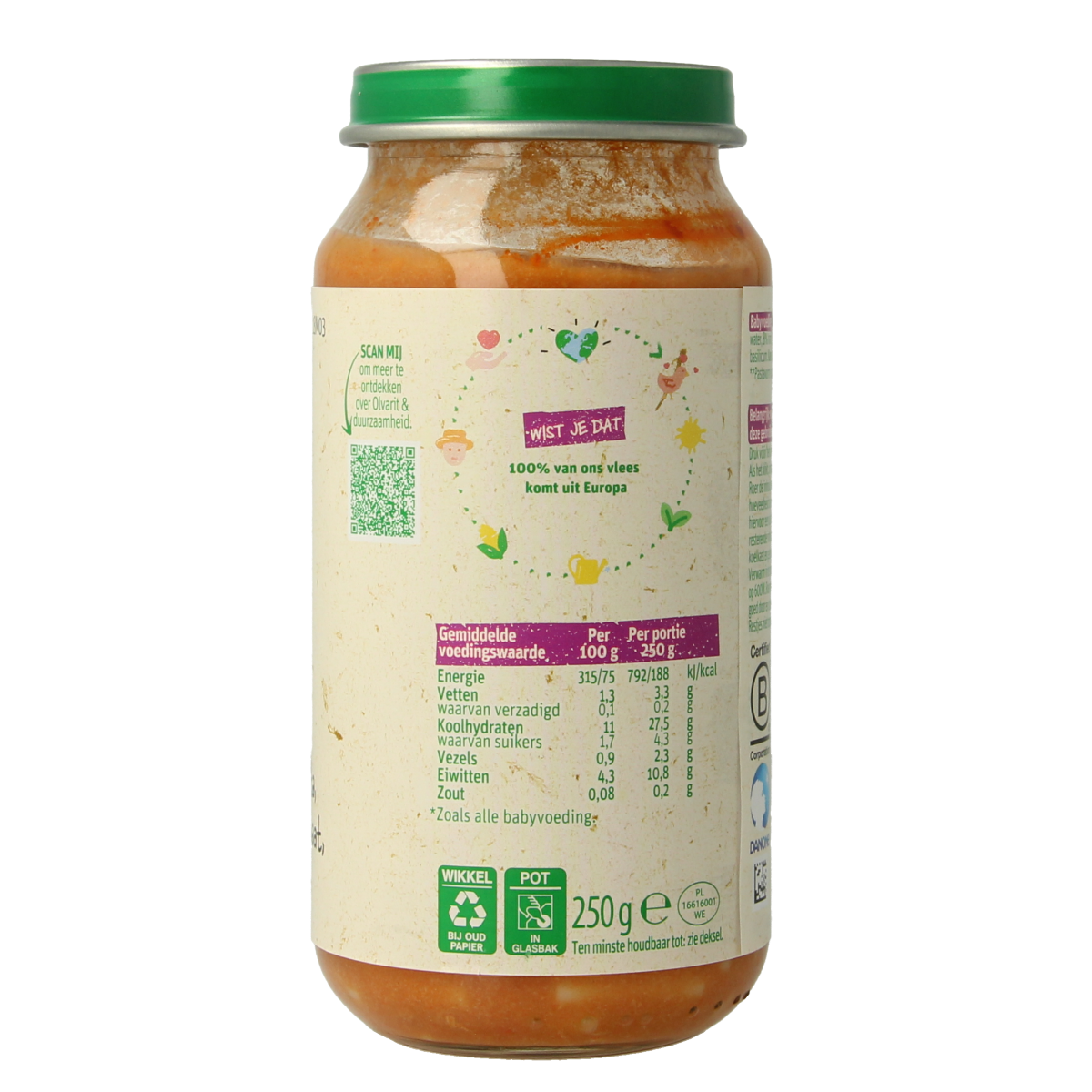 Olvarit baby pasta with tomato and ham, 250g, suitable for toddlers, served in a bowl with pasta and vegetable pieces.