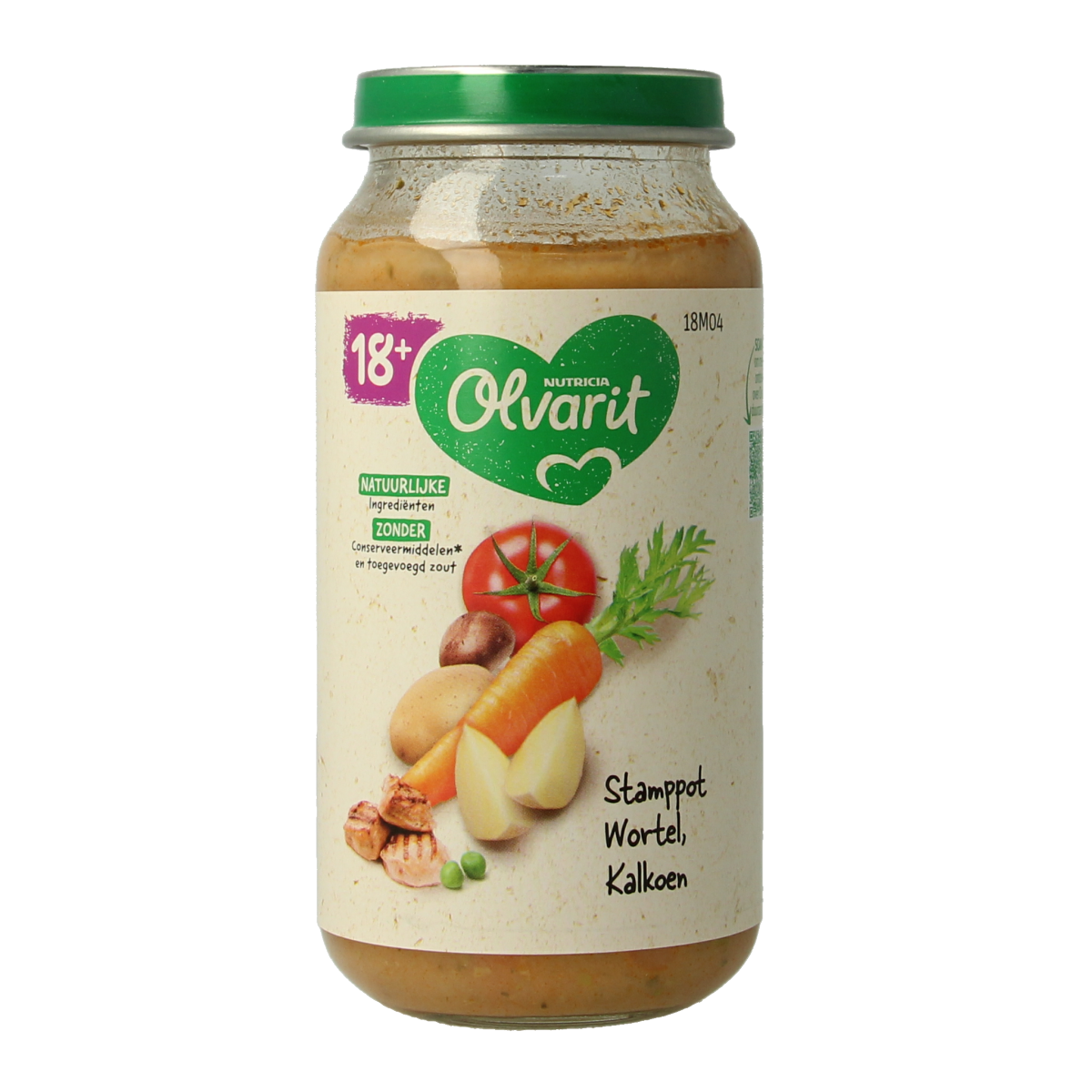 Olvarit baby food stamppot with carrot and turkey, 250g, suitable for toddlers, in a colorful packaging with a spoon.