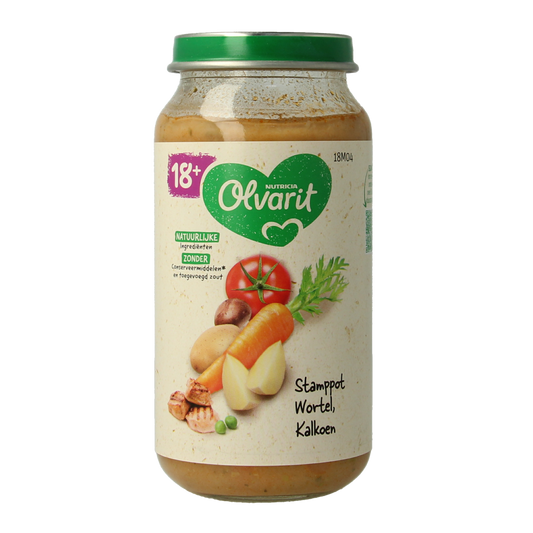 Olvarit baby food stamppot with carrot and turkey, 250g, suitable for toddlers, in a colorful packaging with a spoon.