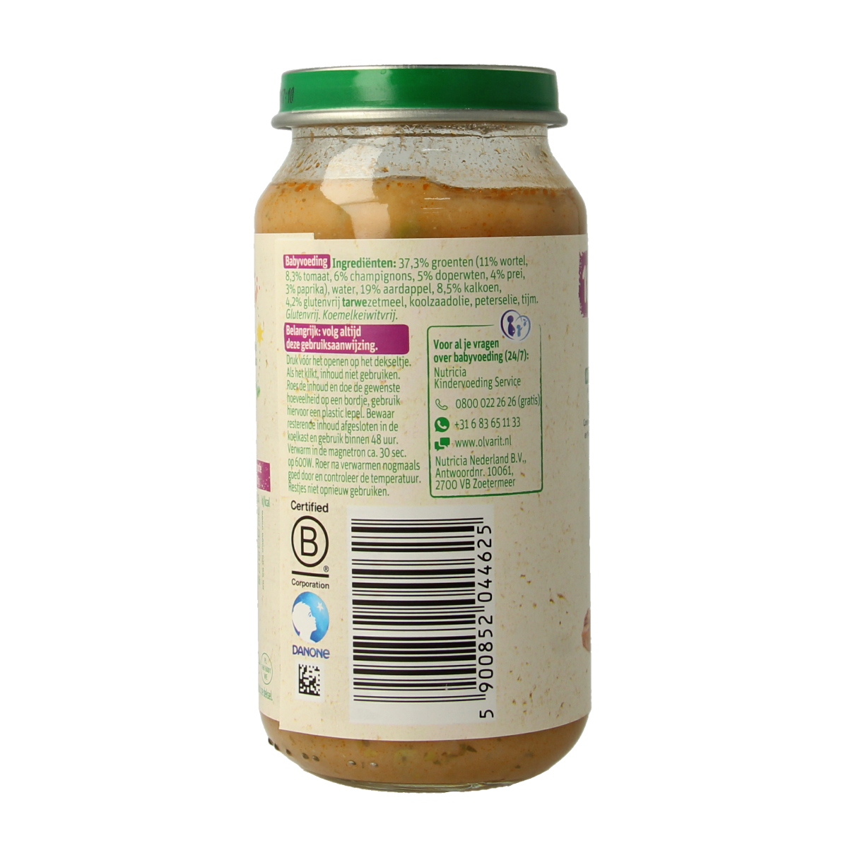 Olvarit baby food stamppot wortel en kalkoen in 250g container, suitable for babies and toddlers.