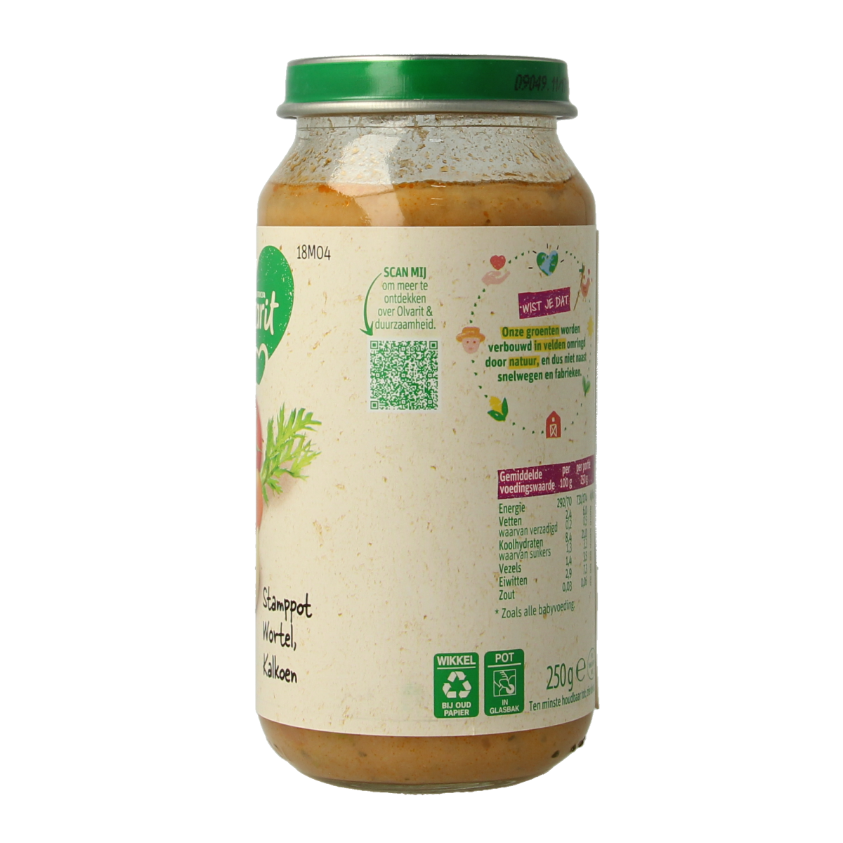 Olvarit baby food stamppot with carrot and turkey in 250g package, suitable for babies and toddlers.