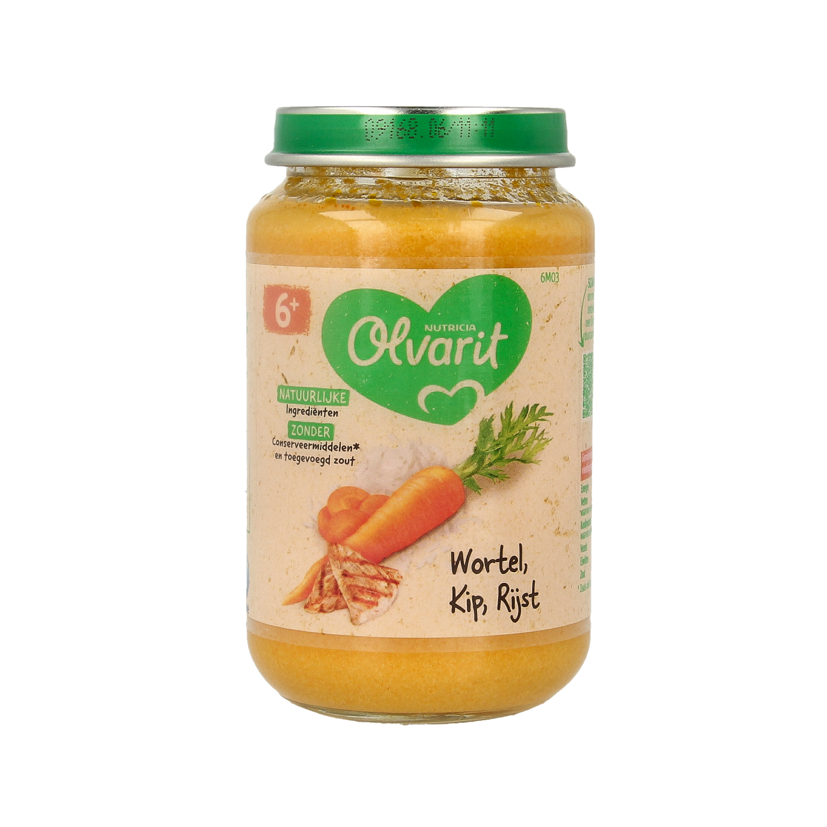 Olvarit baby food jar with carrot, chicken, and rice for infants, 200g, suitable for babies from 6 months old.