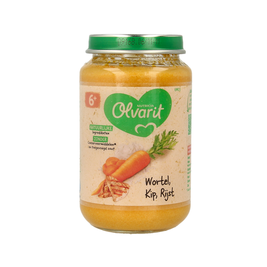 Olvarit baby food jar with carrot, chicken, and rice for infants, 200g, suitable for babies from 6 months old.