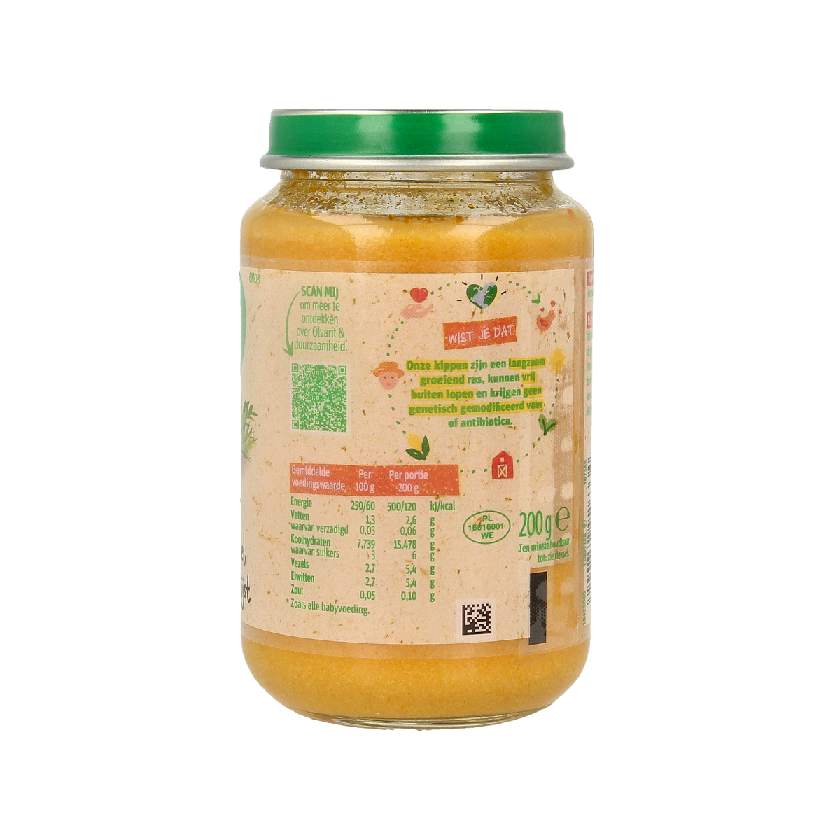 Olvarit baby food jar with carrot, chicken, and rice for infants, 200g, nutritious meal for 6 months and older.