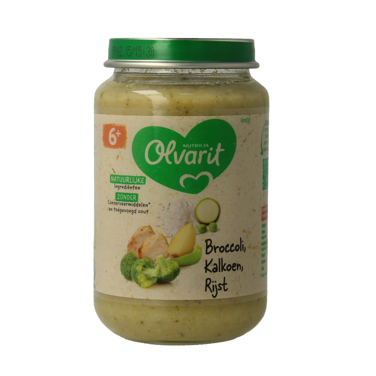 Olvarit baby food jar with broccoli, turkey, and rice for infants, 200g, showing the product label and packaging.