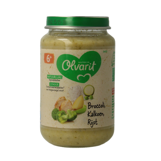 Olvarit baby food jar with broccoli, turkey, and rice for infants, 200g, showing the product label and packaging.
