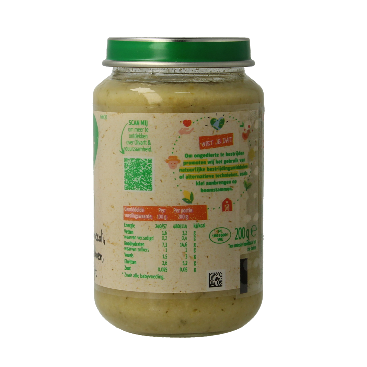 Olvarit baby food jar with broccoli, turkey, and rice for infants, 200 grams, showing the product label and packaging.