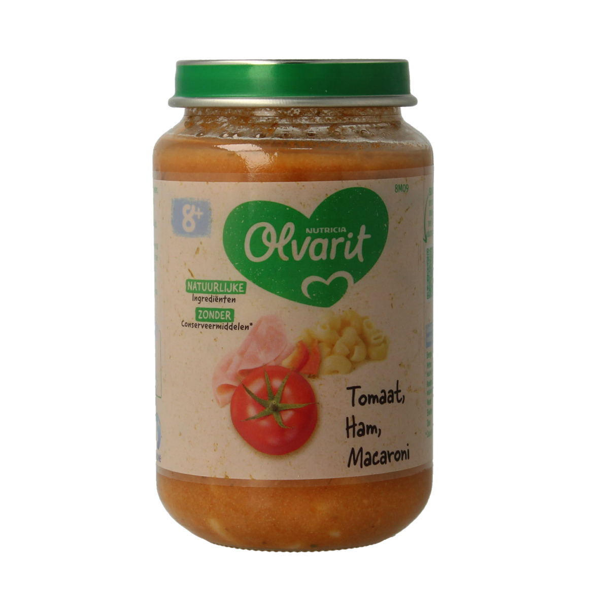 Olvarit baby tomato ham macaroni meal in a 200g package, suitable for infants and toddlers, with pasta, ham, and tomato ingredients.
