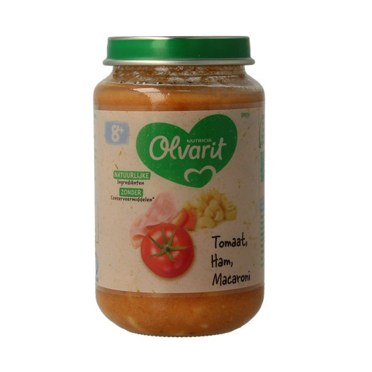 Olvarit baby tomato ham macaroni meal in a 200g package, suitable for infants and toddlers, with pasta, ham, and tomato ingredients.