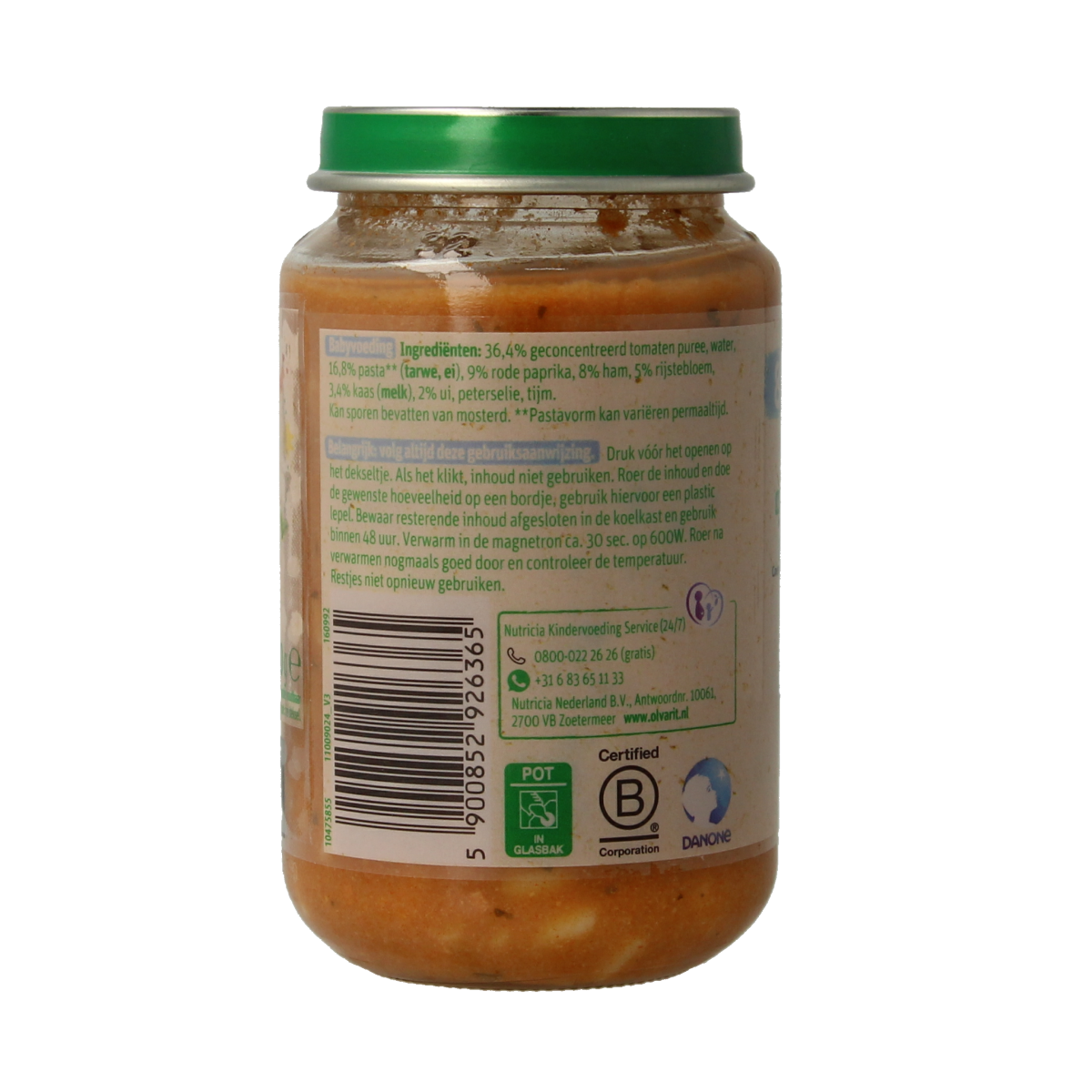Olvarit tomato ham macaroni baby food in 200g package, suitable for infants and toddlers, with tomato and ham ingredients.