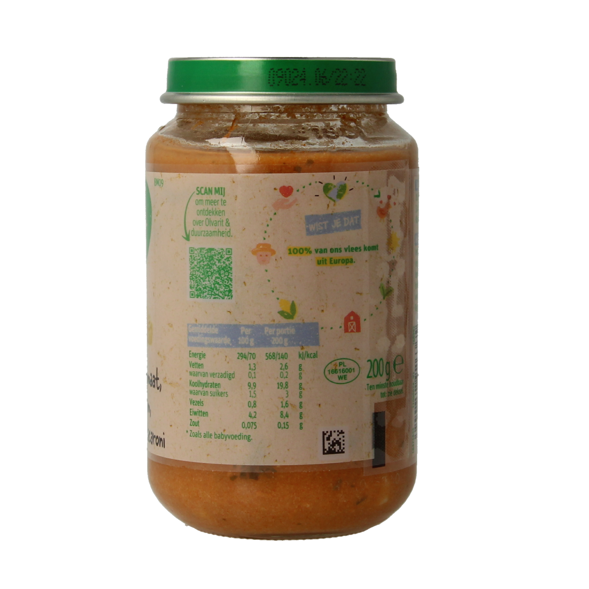 Olvarit Baby Tomaat Ham Macaroni 8 months, 200g pack, showing cooked macaroni with tomato and ham pieces in a bowl.