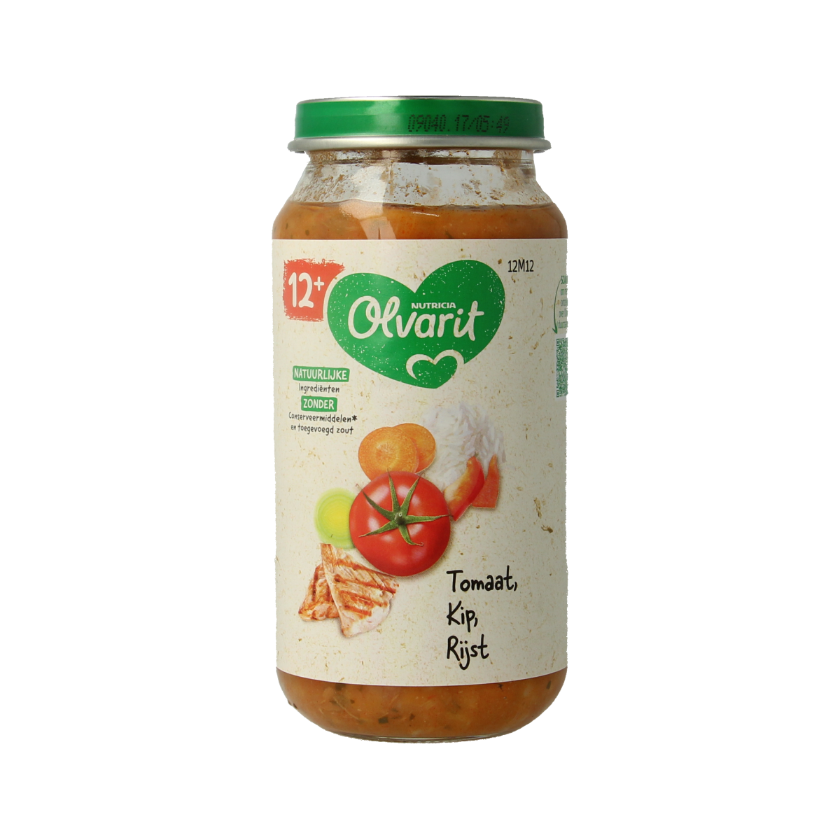 Olvarit baby tomato, chicken, and rice meal in 250g jar, suitable for infants 12 months and older, colorful packaging.