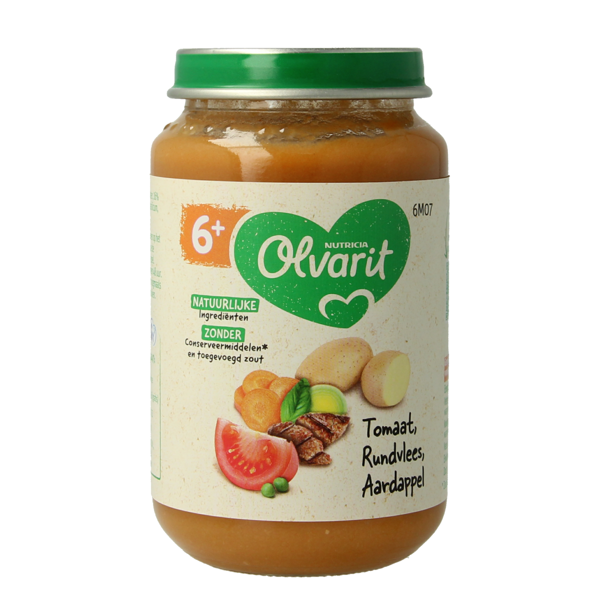 Olvarit baby food pouch with tomato, beef, potato, and carrot, 200g, featuring colorful ingredients and packaging.