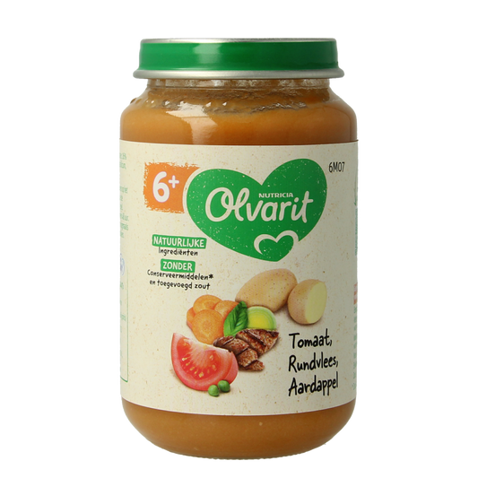 Olvarit baby food pouch with tomato, beef, potato, and carrot, 200g, featuring colorful ingredients and packaging.